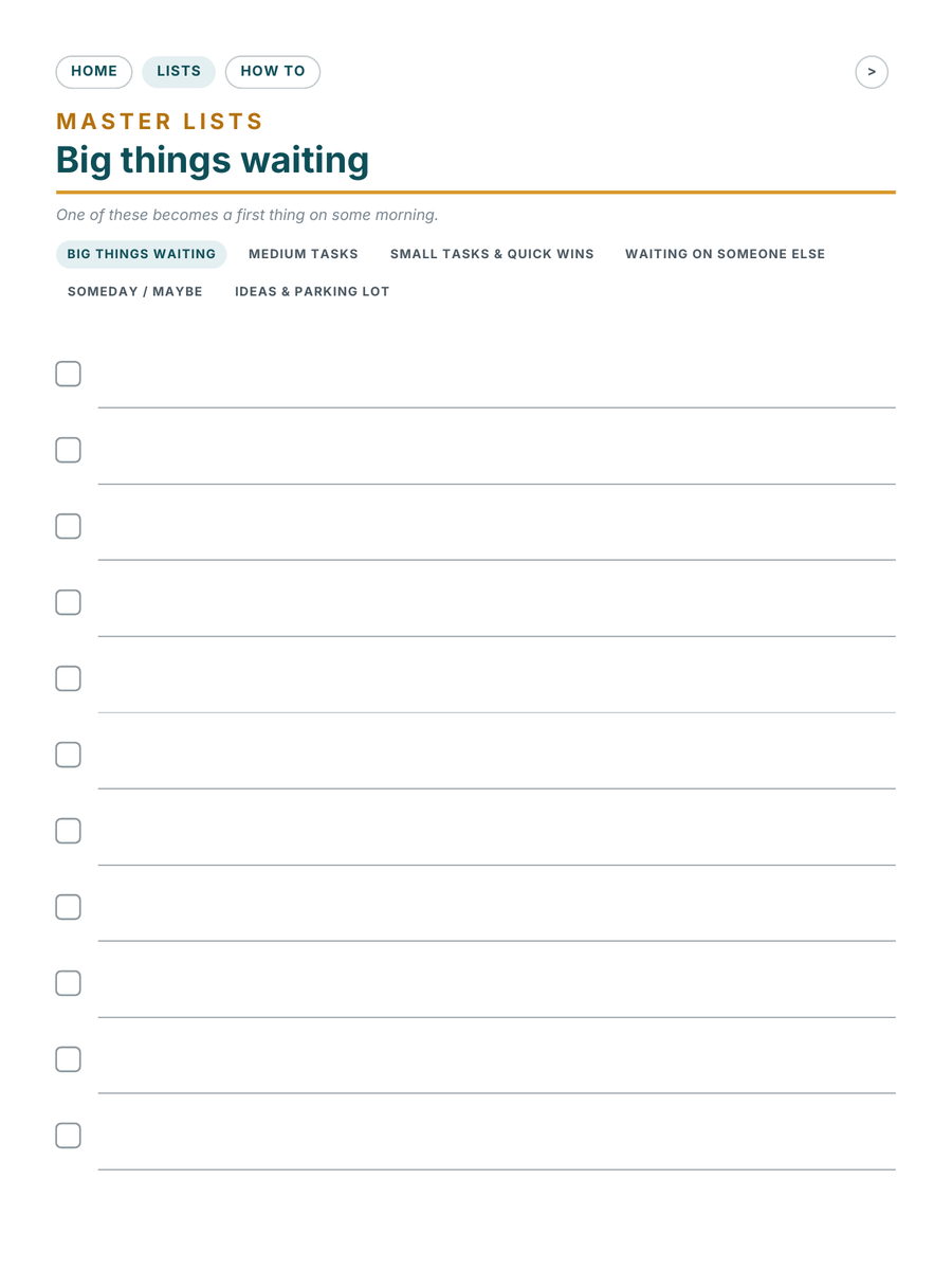 A master list page for capturing everything that doesn't belong on today.