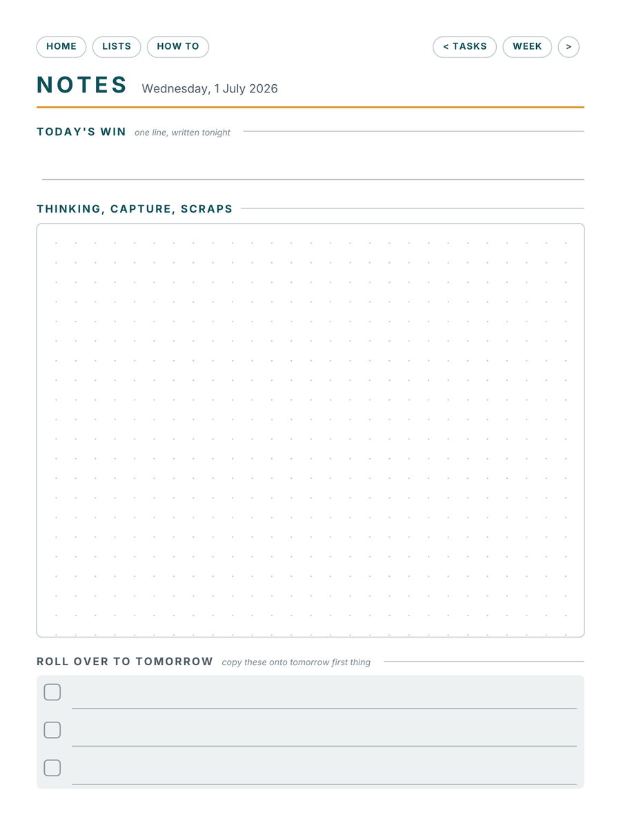The facing notes page: today's win, a dot grid for thinking, and a roll-over list for tomorrow.